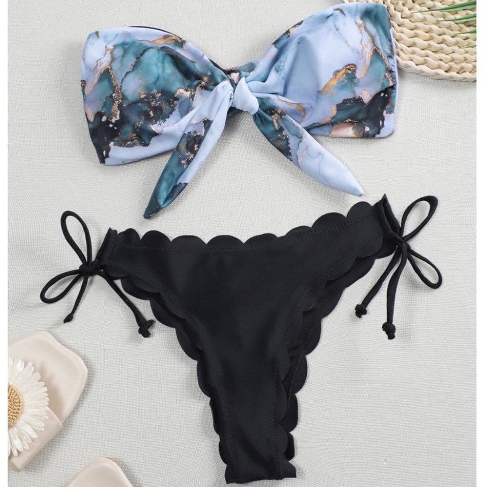 💎 Blue Marble Sexy Bandeau Strapless Bikini Bathing Suit